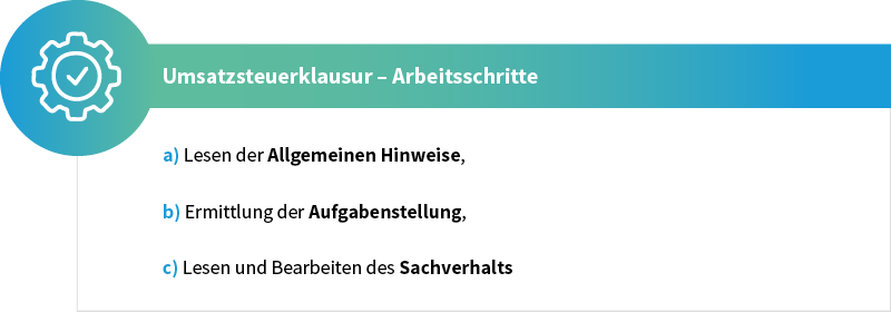Grafik zu Arbeitsschritten in der Umsatzsteuerklausur: 1. Lesen der allgemeinen Hinweise, 2. Ermittlung der Aufgabenstellung, 3. Lesen und Bearbeiten des Sachverhalts.