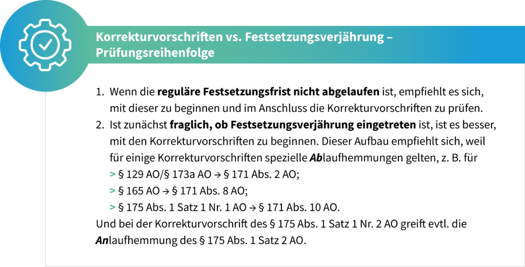Prüfungsschema zur Reihenfolge: Korrekturvorschriften versus Festsetzungsverjährung mit Bezug auf AO-Paragrafen (§§ 129, 130, 131, 164, 172, 175 AO).