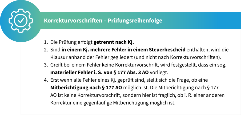 Schema zur Prüfungsreihenfolge der Korrekturvorschriften im Steuerbescheid: Prüfung getrennt nach Kalenderjahren; bei mehreren Fehlern Gliederung nach Fehlerarten; Feststellung materieller Fehler nach § 177 Abs. 3 AO; mögliche Mitberichtigung nach § 177 AO, sofern keine andere Korrekturvorschrift greift.