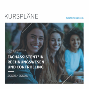 Titelbild der Kurspläne zur Weiterbildung Fachassistent*in Rechnungswesen und Controlling 2025/2026 mit einer Gruppe junger Menschen im Seminarraum.