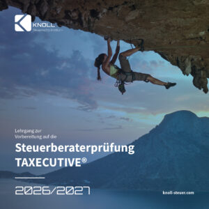 Titelbild der TAXECUTIVE®-Broschüre 2026/2027 zur Vorbereitung auf die Steuerberaterprüfung – mit Klettermotiv als Symbol für Herausforderung und Zielstrebigkeit.