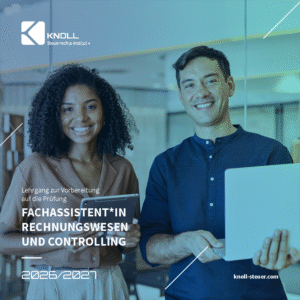 Titelbild der Broschüre zur Weiterbildung Fachassistent*in Rechnungswesen und Controlling 2026/2027 mit einer jungen Frau und einem jungen Mann.