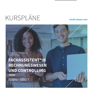 Titelbild der Kurspläne zur Weiterbildung Fachassistent*in Rechnungswesen und Controlling 2026/2027 mit einer jungen Frau und einem jungen Mann.